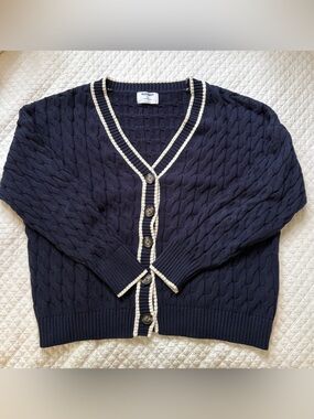 Old Navy Navy Cable Knit V-Neck Cardigan with Cream Trim Accents